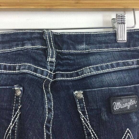 Wrangler Premium Patch Bootcut Mid Rise Western Dark Wash Denim Jeans Blue - Picture 13 of 15